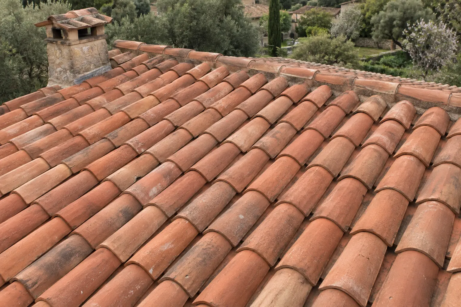 Toiture en tuiles de terre cuite après nettoyage