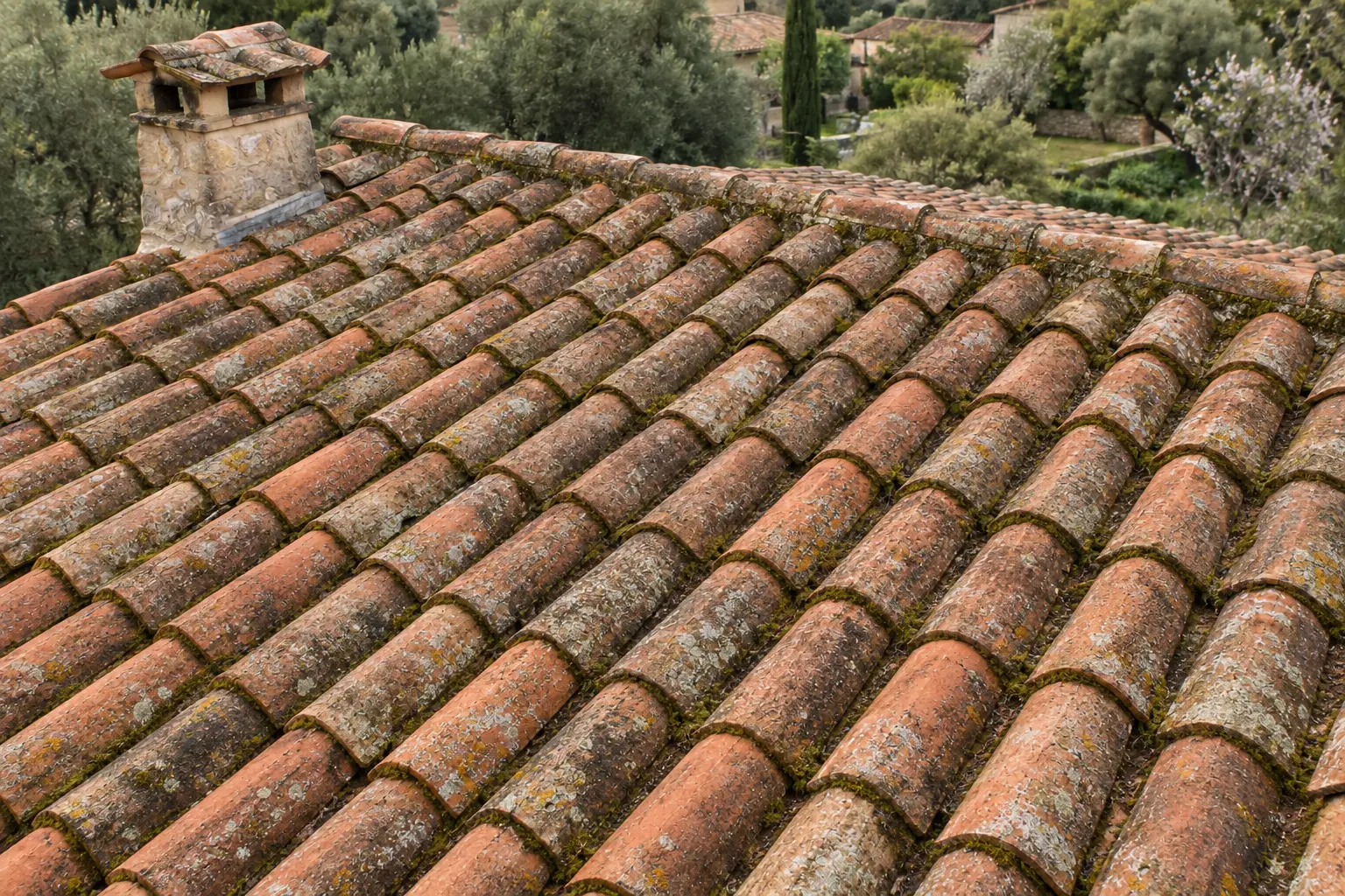 Même toiture avec mousses et lichens avant nettoyage